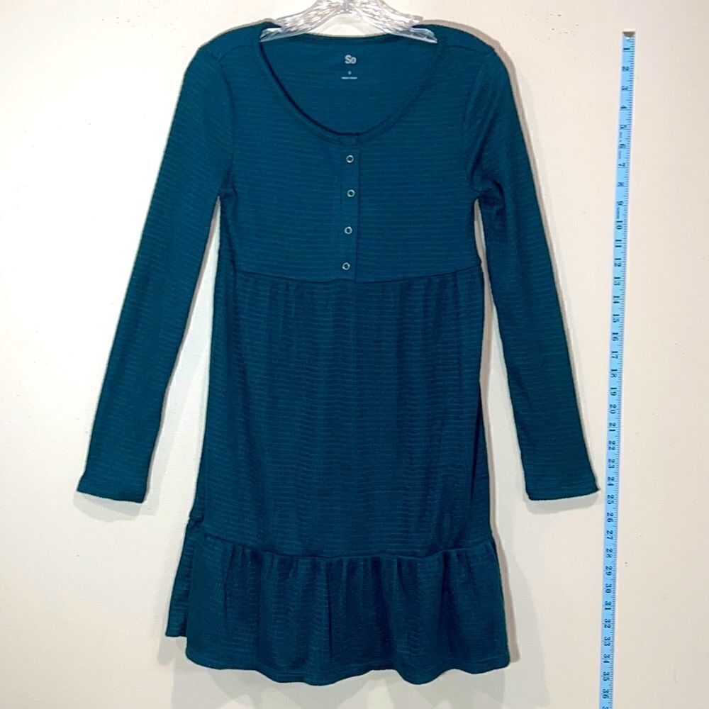 Beautiful Blue Green Long Sleeve Midi Dress By SO. Size Small.